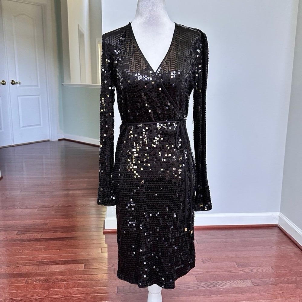 Michael Kors Women's Black Sequin Long Sleeve Wrap Cocktail Dress XS